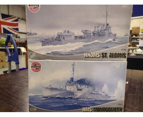 Two Airfix 1/400 scale ship kits, HMS Montgomery and HNoMS St Albans, appear complete, unchecked, wear to boxes. UK P&amp;P G