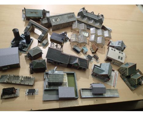 OO scale selection of card built buildings, mostly railway related, station, shed, signal box, stones and more, mostly good c
