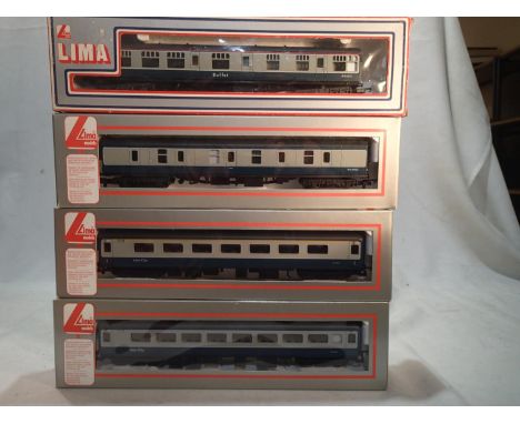 OO gauge rake of four Lima blue/grey coaches in excellent condition, boxes with wear. UK P&amp;P Group 2 (£20+VAT for the fir