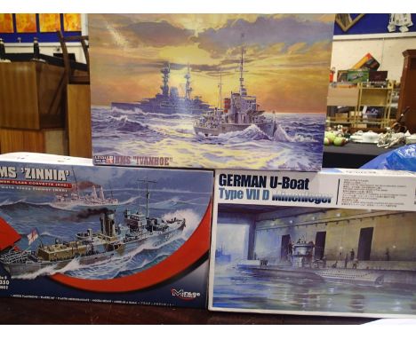 Three warship/submarine kits, Mastercraft 1/500 scale HMS Ivanhoe, Mirage Hubby 1/350 scale HMS Zinnia, and ARV Club 1/350 sc