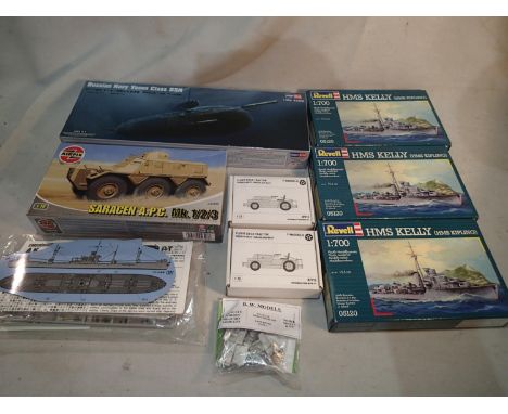 Nine military/naval plastic kits, including three Revell 1/700 scale HMS Kelly, Hobby Boss 1/350 scale Russian Sub, Airfix Sa