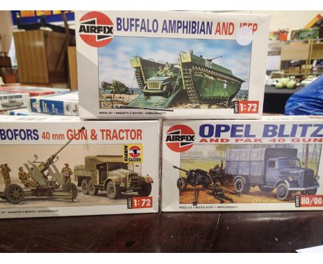 Three Airfix 1/72 scale military related kits, Buffalo Amphibian Opel Blitz and Bofors gun and tractor, appear complete, unch