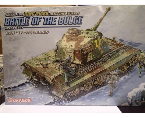 Dragon 1/35 scale King Tiger tank, Battle of the Bulge, appears complete, unchecked, box with storage wear. UK P&amp;P Group 