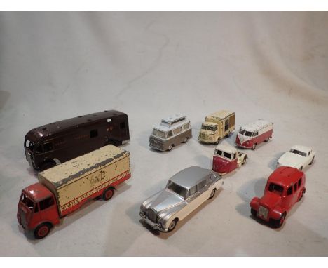 Nine playworn Dinky, Corgi and other vehicles, some re-painted, suitable for refurbishment. UK P&amp;P Group 1 (£16+VAT for t