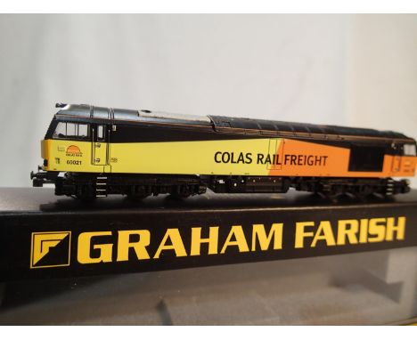 N Gauge Farish/Bachmann 371-358, class 60 diesel, 60021, Colas livery, DCC fitted, near mint, box with wear. UK P&amp;P Group