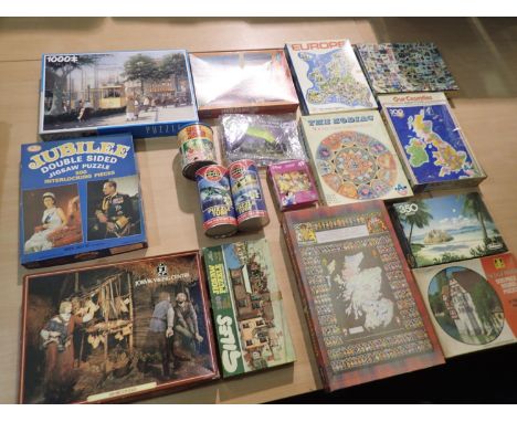 Eighteen boxed jigsaw puzzles, various makers, Whitman, Arrow and others, includes Giles and Royalty, also includes three puz