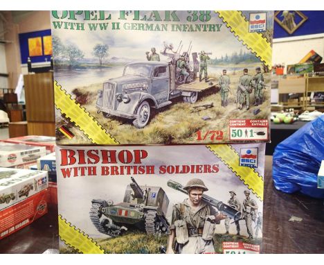 Two Esci military related kits, 1/72 scale, Bishop tank with fifty soldiers, and Opel flank 38 with fifty soldiers, appear co