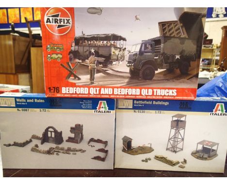Three 1/72 scale military related kits, Airfix Bedford QLT and QLD trucks, Italeri walls and ruins, and Italeri battlefield b
