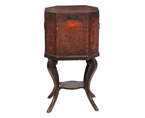  A Chinese red lacquer work box on stand  , the box early 19th century, on later associated stand,  with canted corners, the 