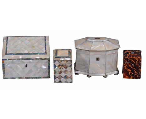 A mother of pearl and abalone necessaire box, the sides with lozenge veneers of contrasting colours, 10.5cm high; a tortoises