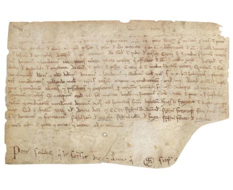 Notariatsinstrument.: Fragment wohl eines Notariatsinstruments. Lateinische Handschrift auf Pergament, dat. 1206. Ca. 10,3 x 