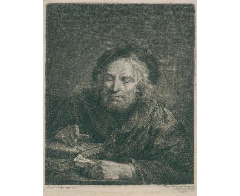 Polanzani, Francesco: (1700 Noale - Rom 1771). Portrait eines alten Mannes, die Hände auf Bücher gelegt. Radierung nach Giuse