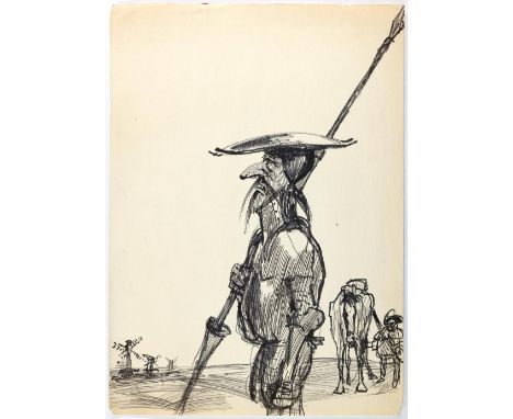Don Quijote: mit Lanze, re. im Mittelgrund Sancho Pansa, li. 3 Windmühlen. Zeichung auf Papier, 20. Jh. Blgr. 46 x 33 cm. Auf