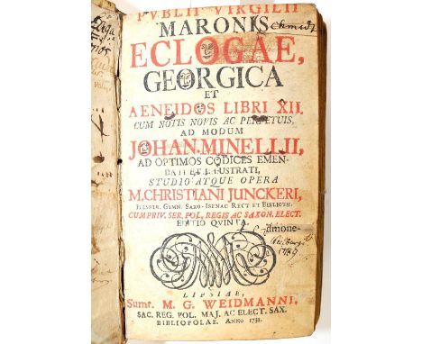 Virgil.: Eclogae, Georgica Et Aeneidos Libri XII. Lpz., Weidmann 1731. Kl.8°. 35 S., 755, 23 S. Prgt. d. Zt. (Fleckig). - Tit