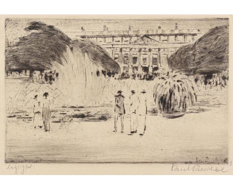 Paeschke, Paul: (1875 Berlin 1943). Hampton Court. Spaziergang im Park mit Springbrunnen. Kaltnadelradierung auf Japan. Plgr.
