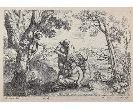 Corneille, Michel: (1601 Paris 1664). Bacchus mit Satyr. Radierung nach Annibale Carracci (1560-1609). Plgr. ca. 28 x 40 cm. 