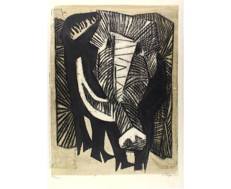 Abstrakter Elefant.: Radierung u. Mischtechnik, 1955. 55,5 x 53,5 cm. Undeutl. sign., dat. u. num.  Ex. 19/100. - ╔Dabei:╗ 3 