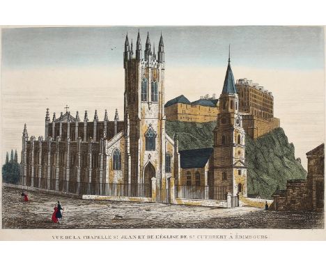 Edinbugh: "Vue de la chapelle St. Jean et de la église de St. Cuthbert à Édimbourg". Altkolor. Guckkastenkupfer bei Basset, P