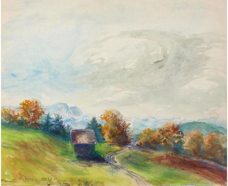 Zierhold, Elisabeth (Elsbeth Müller-Zierhold): (1895 - 1968). Hütte mit Schuppen in winterlicher Landschaft. Aquarell. 1961. 