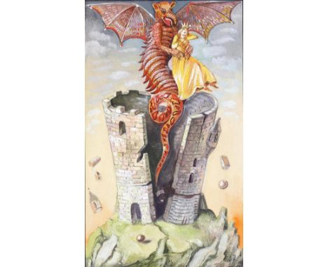 Hellgrewe, Jutta: (1934 Bad Langensalza - 1998). Entführung der Prinzessin durch einen Drachen. Entwurf für eine Märchen-Illu
