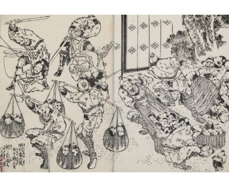 Hokusai, Katsushika: (1760-1848). 3 Dplbl. aus "Ehon Kanso Gundan" (Geschichten der Kämpfe zw. Han u. Chu, aus dem Chines. üb
