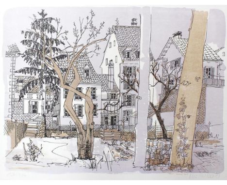 Kerker, Urs: (1954 Winterthur). Blick aus dem Garten auf Häuserreihe. Lithographie. 1981. 34,5 x 46 cm. Sign. u. dat.  - Ex. 