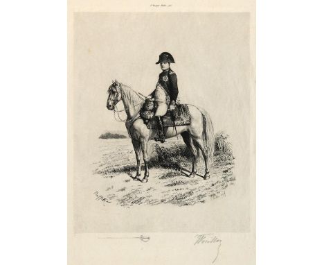 Napoleon Bonaparte: in Uniform auf einem Schimmel auf einem Feldweg. Radierung auf Japan von Victor Louis Focillon (1849-1918