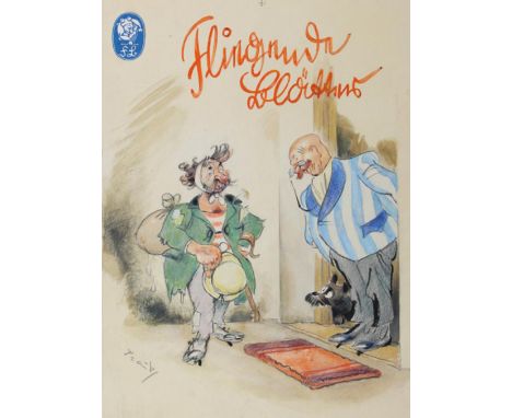 Traub, Gustav: (1885 Lahr - St. Märgen 1955). Fliegende Blätter. Ein älterer Herr mit Glatze, Kneifer u. Hund schaut aus sein