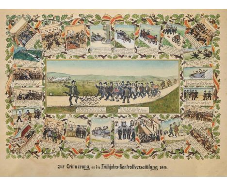 Kontrollversammlung.: "Erinnerung an die Frühjahrs=Kontrollversammlung 1913". Kol. u. weiß gehöhte Tuschfederzeichnung um 191