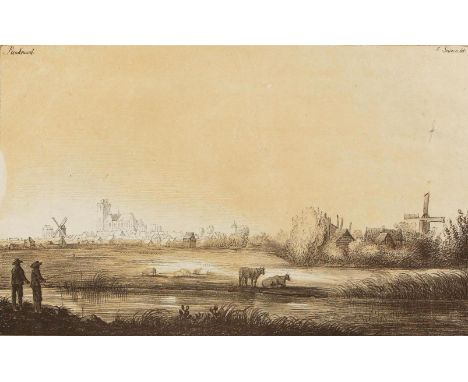 Strixner, Johann Nepomuk: (1782 Altötting - München 1855). Weiherlanschaft, vorne li. zwei Angler. Kreidelithographie mit Fed
