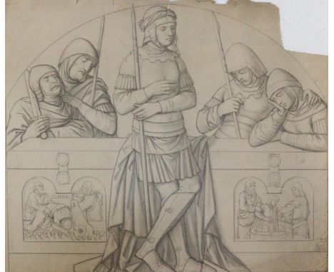 Fünf Soldaten,: davon 4 schlafend hinter einer Mauer, im unt. Teil li. u. re. von dem stehenden Soldaten zwei bibl. Szenen, d