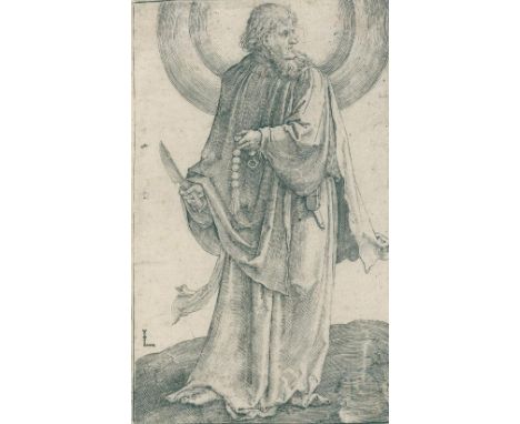 Leyden, Lucas van: (1494 Leiden 1533). Der heilige Bartholomäus. Kupferstich auf Bütten, 1511. Blgr. 11,8 x 7,3 cm. Auf Platt