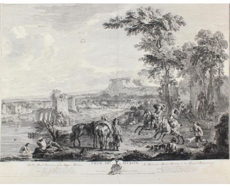 Le Bas, Jaques Philippe: (1707 Paris 1783). Prise du Héron. Kupferstich n. C.van Falens, Paris ca. 1745. 43 x 62,5, Blgr. ca.