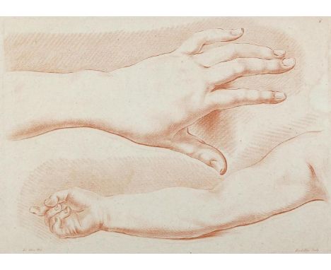 Roubillac: (1739 Bayonne - Frankreich 3. Drittel 18. Jh). Hände. Rötel-Kupferstich nach Handstudien von Pierre Le Clerc (1740