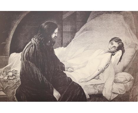 Jesus am Krankenbett.: Christus, die Hand einer jungen, kranken Frau haltend. Mit Rosen am Bettenende. Anonyme Lithogr., 1. H