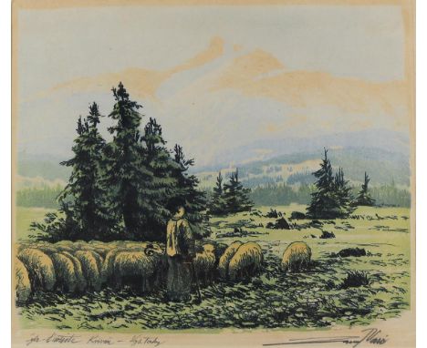 Slowakei.: Schäfer mit Herde in der Ebene vor dem Kriwan. Kolor. Radierung. 20. Jhdt. 25,5 x 30 cm. Betitelt, undeutl. sign. 