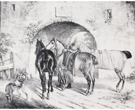 Krüger, Franz: (1797 Großbadegast - Berlin 1857). Drei Pferde am Torweg. Lithographie auf Japanpapier bei C.G.Lüderitz, Bln. 