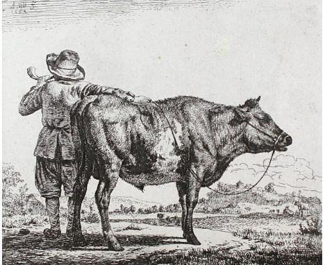 Velde, Adriaen van de: (1636 Amsterdam 1672). Hirtenjunge mit einem Bullen. Radierung auf Bütten, 1654. Plgr. 11 x 13,5 cm, B