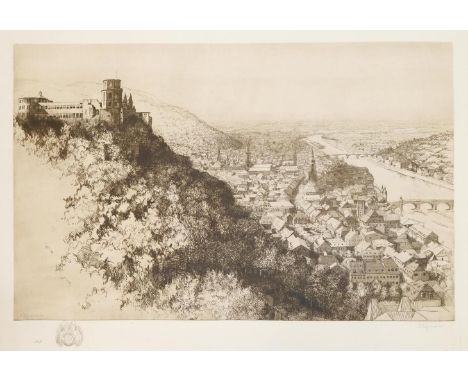 Heidelberg.: Radierung in Braun mit Plattenton v. Adolf Schinnerer (1876-1949) bei C.Lebeau, Hdbg. 42,5 x 68,5 cm, Blgr. 70 x