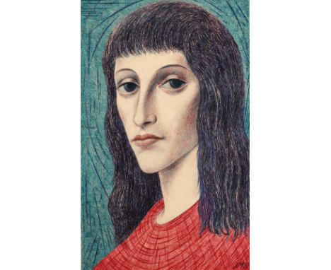 Schröder, Josef Maria: (1886 Düsseldorf 1965). Portrait einer jungen Frau mit rotem Pullover. Kugelschreiberzeichnung in Schw