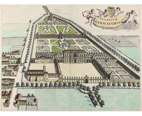 Castello di Sarmato.: Palatium Sarmatoris. Cherasco Piemonte Italia. Gesamtansicht der Anlage in Piacenza aus der Vogelschau.