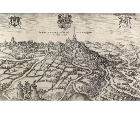Frankenberg.: Gesamtansicht. Radierung aus Braun Hogenberg um 1580. 30,5 x 49,5 cm. Mit 3 Wappen u. fig. Staffage.   R