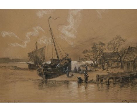 Morgenstern, Friedrich Ernst: (1853 - Frankfurt/M. - 1919). Enkhuizen. Zuiderzee (Segelboote docken an). Weiss gehöhte Kohlez