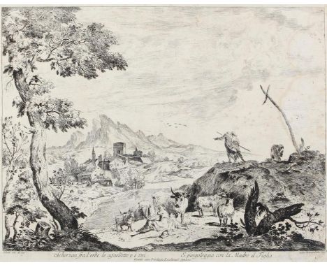 Zilotti, Domenico Bernardo: (ca. 1730 Venedig 1780/1795). Landschaft mit Schafhirtin u. ihrem Sohn mit Rindern. "Scherzan fra