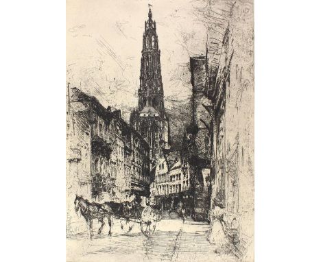 Antwerpen.: Blick über eine Straße mit Pferdekarren auf die Liebfrauenkathedrale in Anvers. Kaltnadelradierung von Tanna Kasi