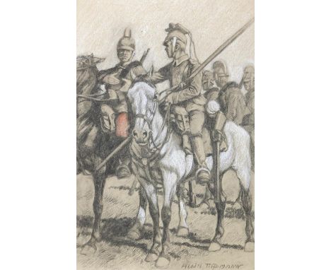 Tippmann, Albin: (1871 Wurzen - München 1952). Berittene Soldaten des I. Weltkrieges. Tls. weiß u. rot gehöhte Kohlezeichnung