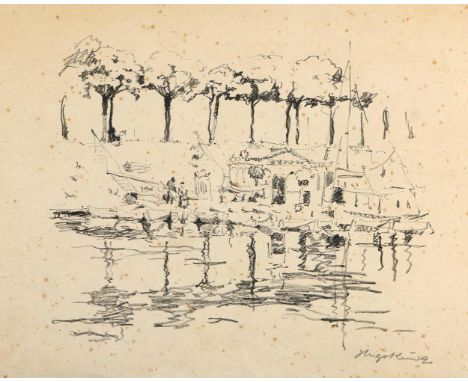 Kunz, Hugo: (1884 Mainz - München 1938). Rheinhafen bei Mainz. Litographie auf chamoisfarb. Bütten. Blgr. 30 x 40 cm. Sign., 