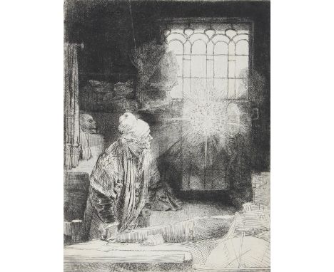 Rembrandt, Harmensz. van Rijn: (1606 Leiden - 1669 Amsterdam). Gelehrter in seinem Arbeitszimmer, genannt: Faust. Radierung u