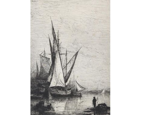 Appian, Adolphe: (1818 Lyon 1898). Le Port de Gênes. Segelschiffe im Hafen von Genua. Radierung auf Bütten. 42 x 29,5, Blgr. 