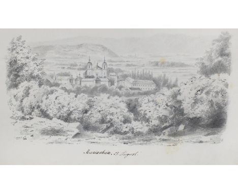 Bohosudov.: Ansicht des Wallfahrtsorts Mariaschein. Bleistiftzeichnung. 27.August (20.Jhdt.). Blgr. 22,7 x 28,5 cm. In Tusche